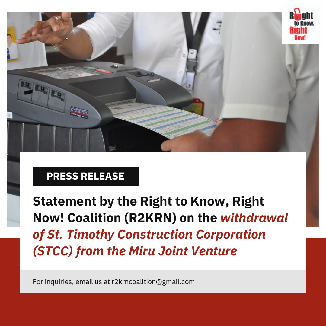 Statement by the Right to Know, Right Now! Coalition (R2KRN) on the Withdrawal of St. Timothy Construction Corporation (STCC) from the Miru Joint Venture