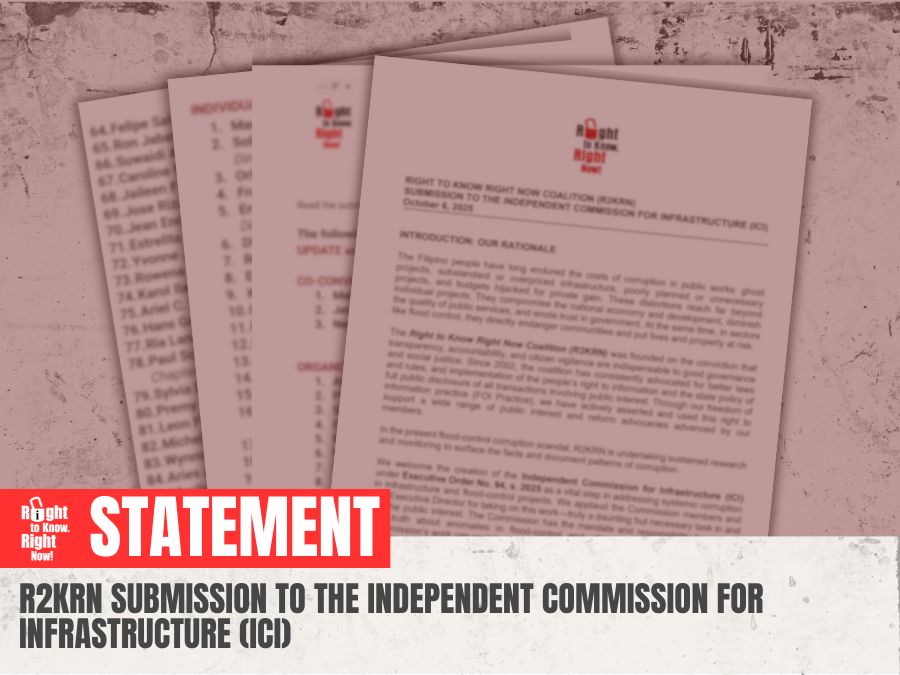 RIGHT TO KNOW RIGHT NOW COALITION (R2KRN) SUBMISSION TO THE INDEPENDENT COMMISSION FOR INFRASTRUCTURE (ICI)